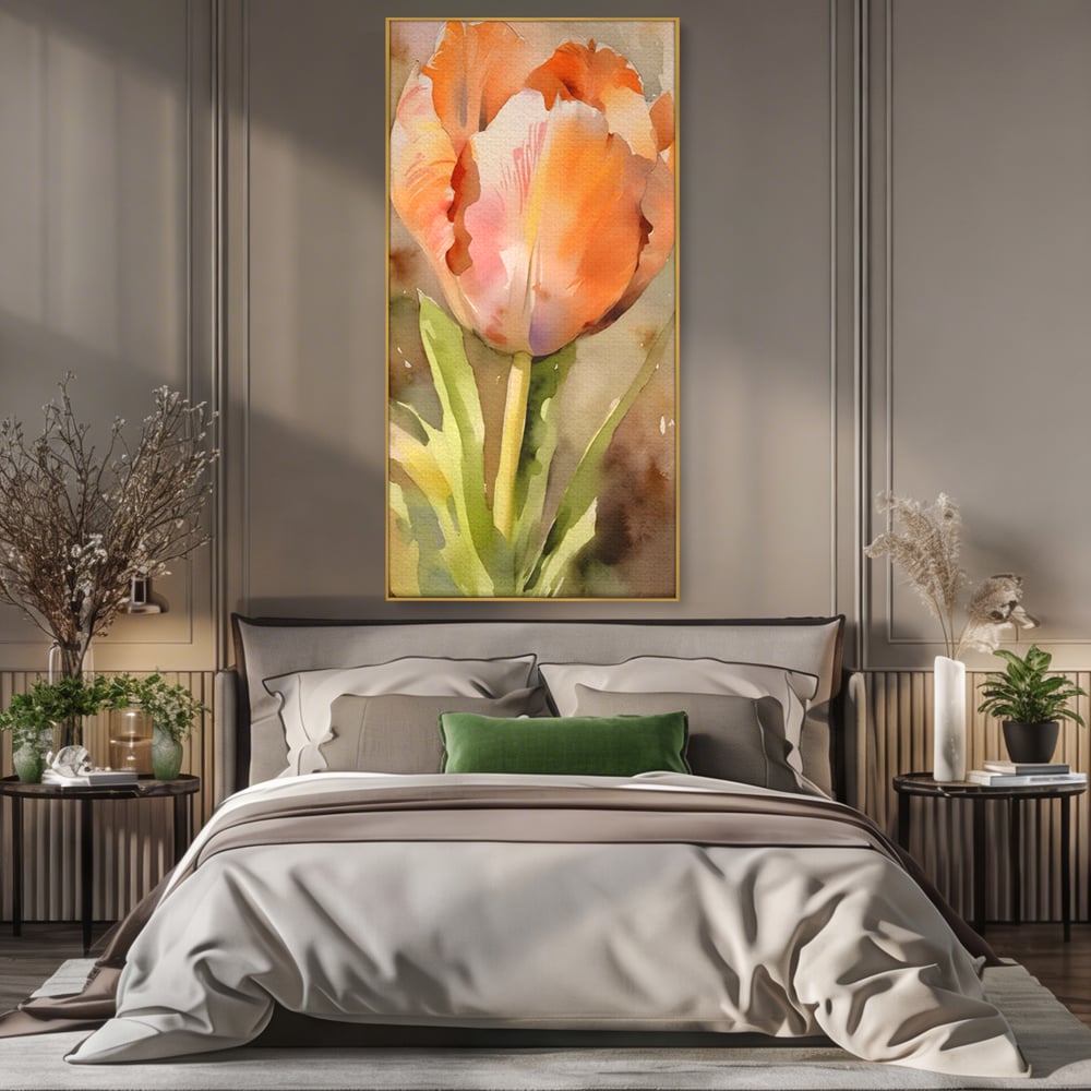 Tablou canvas cu pictura cu o lalea portocalie, in rama de aluminiu auriu, pe perete intr-un dormitor